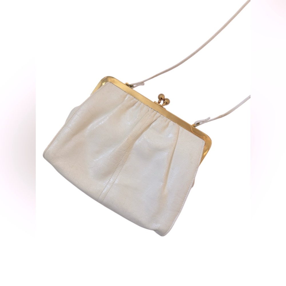 SHRL MILLER Vtg Kisslock Cream Leather Clutch w/ Gold Frame and crossbody strap